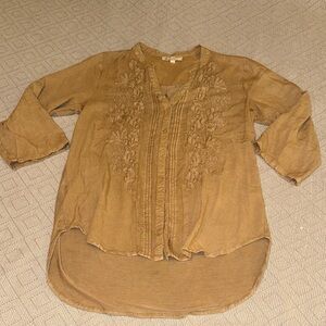 Solitaire Boho Embroidered Long Tunic Top - Tan Carmel Brown